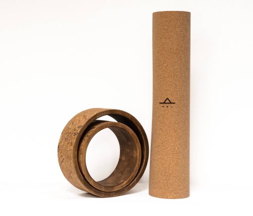 Cork/rubber BMF yoga mat with set of cork/wood yoga wheels