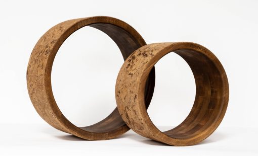 Yoga wheels constructed from wood with cork surround